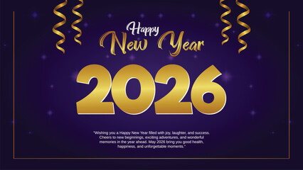 Happy New Year 2026 Greeting Card Template, Luxury Golden 2026 on Purple Background, New Year's Eve Celebration Banner Design, Modern 2026 Golden Typography Poster