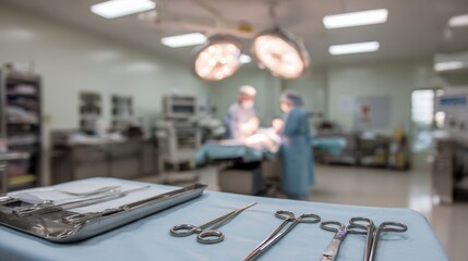 Surgical instruments arranged on a sterile table in a modern operating room, with medical professionals performing a procedure in the background, showcasing a critical healthcare environment