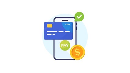 4K animation of Mobile Payment Concept With Card, Pay Button, And Coin Over Smartphone, representing online transactions, mobile banking, and effortless payments.