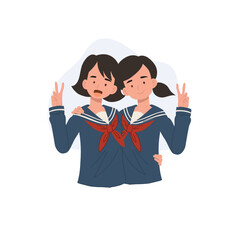 friendship concept. two japanese schoolgirls in sailor uniforms pose together showing peace sign during school day