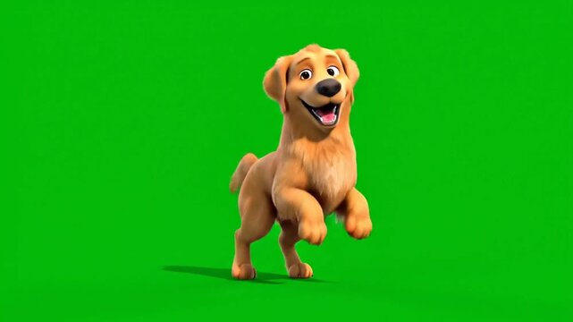 Happy 3D Cartoon Golden Retriever Puppy Playfully Running on Green Screen