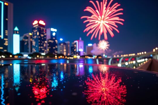 Glowing Skylines: A Selfie with Neon Lights and Fireworks