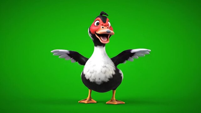 Expressive 3D Animated Duck Character with Spread Wings on Green Screen