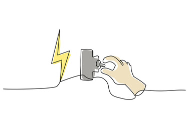 Minimalist continuous one line drawing of a hand operating an electrical breaker switch, symbolizing power control, safety, and energy management. Vector illustration. Editable stroke