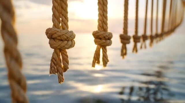 Close-up of hanging ropes with knots against the sunset over water, soft focus, nautical theme