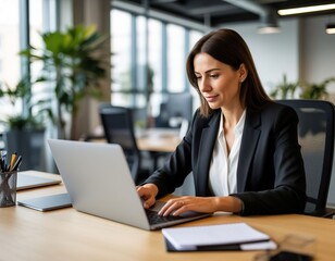 woman working on laptop in office near window.