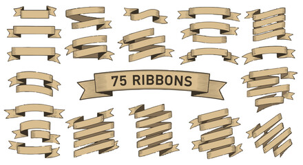Seventy five vintage style ribbons are presented in various shapes and arrangements on a plain white.