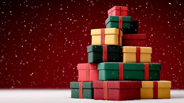 Colorful stacked gift boxes in festive arrangement, surrounded by falling snowflakes, camera performs a slow zoom in to highlight textures and vibrant colors, creating a warm holiday atmosphere