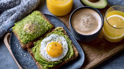 Healthy Breakfast Spread with Avocado Toast and Coffee, Nutritious Breakfast Ideas: Avocado Toast, Coffee, and Juice, Delicious Breakfast with Egg, Avocado Toast, and Fresh Coffee