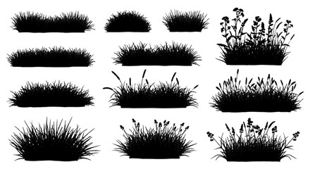 A collection of grass tuft silhouettes in various shapes and sizes, ideal for adding natural.