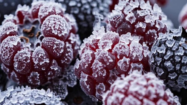 Close-ups of frozen raspberries showcase intricate frost patterns and colors. The rich red fruit contrasts with the delicate ice, revealing nature's beauty in winter