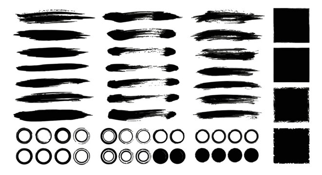 Collection of black brush strokes, circles, and squares for artistic effects on a white surface.