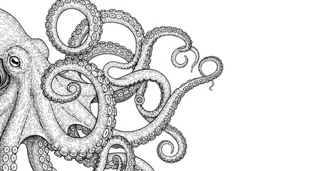 Detailed monochrome drawing of an octopus with curling tentacles on a white field.