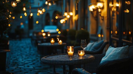 Cozy outdoor cafe setting illuminated by warm lights in a charming evening atmosphere