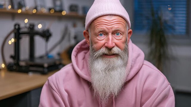 Elderly man with a long beard and pink hoodie engages in conversation, showcasing expressions and emotions, as the camera performs a subtle zoom in, enhancing the connection with the viewer