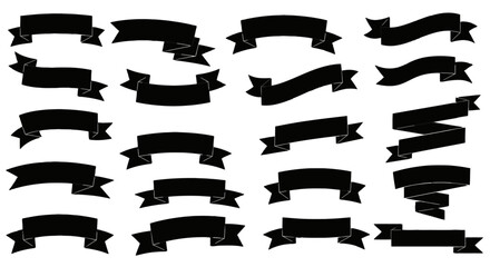 Collection of black ribbon banners in various shapes can be used for graphic elements and.