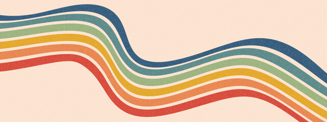 Rainbow retro grunge stripes background with groovy undulating bands. Abstract flowing paths feature vintage 70s-style lines, curves, waves separated by cream borders with speckled texture. Vector