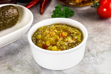 Souce gherkin relish with marinated cucumbers