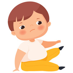 Sad Chubby Boy Sitting Down Wearing White T Shirt and Yellow Pants Isolated on Transparent Background Expressing Negative Emotion