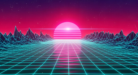 Vaporwave Sunset Landscape with Grid Neon Light Scenery. 80s Synthwave Futuristic View. Geometric Wireframe Background. Digital Art. 3D Rendered Illustration