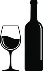 Classic wine bottle and partially filled glass silhouette isolated on for beverage concepts isolated on transparent background