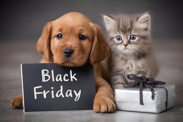 Cute fluffy kitten and adorable golden retriever puppy posing with a black friday sign and gift box