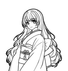 Anime-style coloring illustration of a girl wearing a kimono