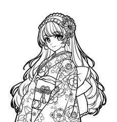 Anime-style coloring illustration of a girl wearing a kimono