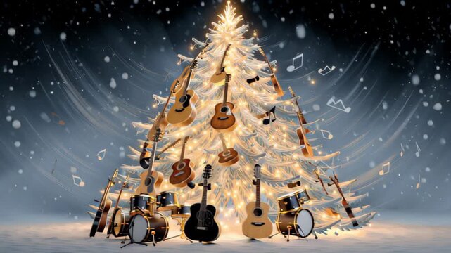 Festive Christmas tree adorned with various guitars and drums, illuminated by soft lights, as the camera smoothly pans around the scene, capturing the enchanting holiday atmosphere and musical element