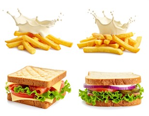 Four food combinations fries with sauce, sandwiches on white background