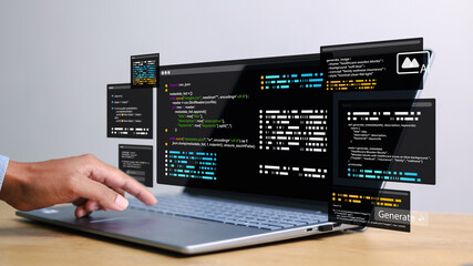 AI developer coding on laptop and tablet with virtual interface, data visualization, and programming code. Concept of artificial intelligence, software development, and innovation.