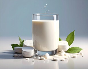 Glass of white liquid next to white tablets and green leaves