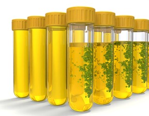Glass tubes holding yellow liquids, some with green particles