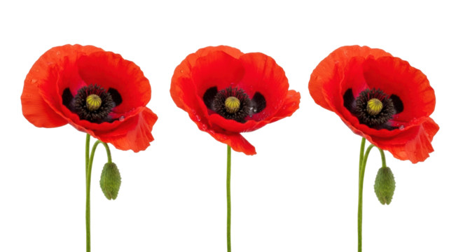 Three vibrant red poppies, pristine crimson petals, black centers, water droplets, green stems, linear. Isolated transparent studio background, 45-degree elevated, botanical product concept