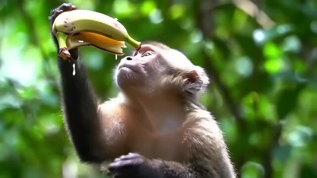 Monkey eating banana in the forest. (1)