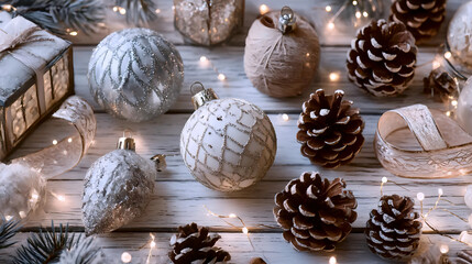 Festive Christmas Decorations with Ornaments and Pinecones, Holiday Cheer with Christmas Ornaments and Warm Lights, Christmas Tree Decorations with Pinecones and Ornaments