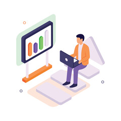 Businessman sitting on steps analyzing digital business charts, isometric illustration