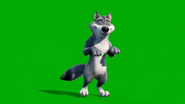 Adorable 3D Cartoon Wolf Character on Green Screen Ready for Compositing