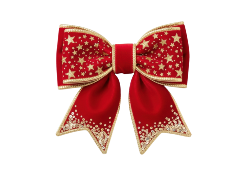 luxurious bright crimson velvet bow, hand-tied, gold glitter stars, metallic trim, micro-sequins, isolated on seamless transparent background, exquisite craftsmanship and opulent design