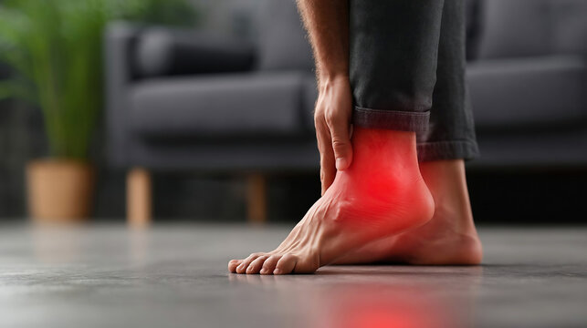 Achilles tendon injury, joint inflammation, foot pain, man suffering from feet ache