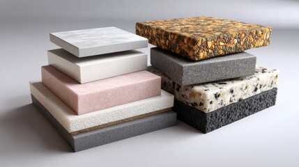 Various Textured Samples of Material Blocks in Neutral Tones on a Soft Grey Background