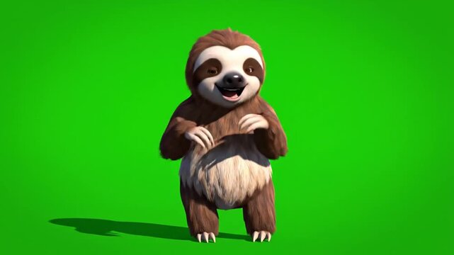 Happy Animated 3D Sloth Character Standing on Green Screen Background