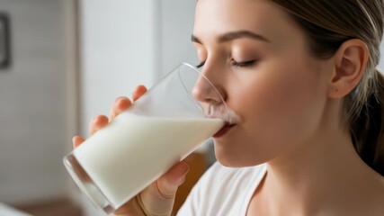 Woman with milk mustache drinks from glass