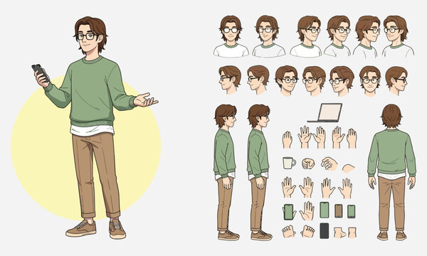 Character design and animation reference sheet for a young man with glasses holding a smartphone, showcasing various poses and expressions