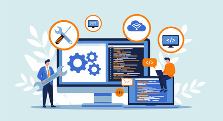 Comprehensive business technology solutions for digital transformation, featuring expert software development and IT support services vector illustration
