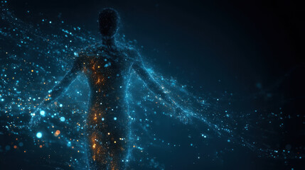 Naklejka premium Abstract silhouette of a person made of glowing blue particles, futuristic concept of digital energy and technology