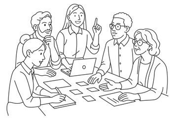 Diverse Team Brainstorming Ideas in Office Meeting Line Art Illustration for Business and Collaboration