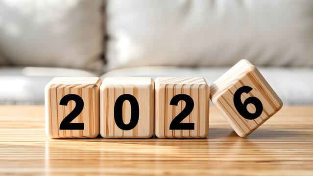 Natural wooden cubes displaying 2026 and falling dice on round table in soft morning light