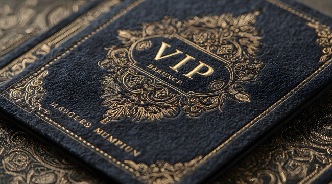A luxurious VIP membership card displayed on a plush velvet background, emphasizing exclusivity and premium service. elegant gold lettering and intricate designs, highlighting the concept of VIP