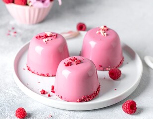 Luscious pink desserts with raspberry garnish on a white plate